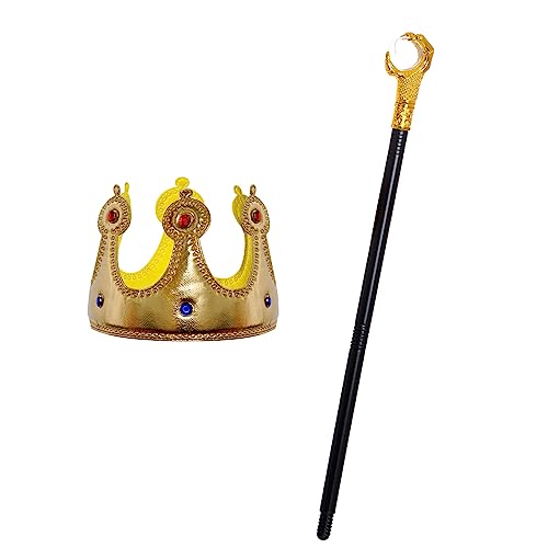 2pcs Krone König Königin Kostüm + Königs-Zepter für Damen Herren Halloween Erwachsene Mottoparty Theater Fasching Cosplay Karneval Verkleiden (Gold) von jerbro