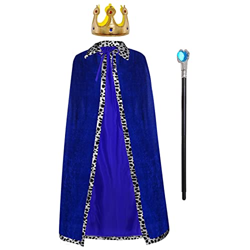 3pcs Königsmantel Königinsmantel Samtmantel Kostüm + Krone König Königin + Zepter für Damen Herren Halloween Erwachsene Mottoparty Theater Fasching Cosplay Karneval Verkleiden (Blue, 49.2in/125cm) von jerbro