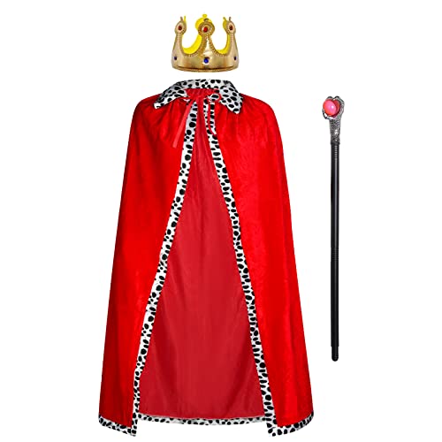 3pcs Königsmantel Königinsmantel Samtmantel Kostüm + Krone König Königin + Zepter für Damen Herren Halloween Erwachsene Mottoparty Theater Fasching Cosplay Karneval Verkleiden (Red, 49.2in/125cm) von jerbro