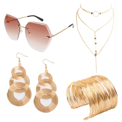 4er 70er 80er 90er Disco Kostüm Set Hiphop Sonnenbrille Fasching Choker Halskette Ohrringe Armreif für Cosplay Halloween Karneval Thema Party (Golden) von jerbro