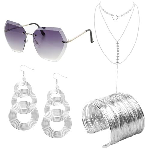 4er 70er 80er 90er Disco Kostüm Set Hiphop Sonnenbrille Fasching Choker Halskette Ohrringe Armreif für Cosplay Halloween Karneval Thema Party (Silber) von jerbro