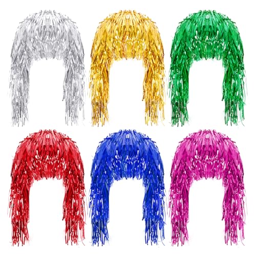 6er Foil Tinsel Perücken Faschingsperücke Partyperücke Kostüm Lametta Perücke Glänzend Party Perücke Cosplay Perücken Damenperücke für Halloween Karneval von jerbro