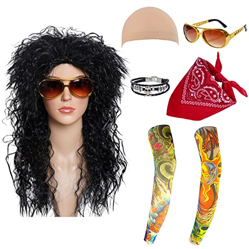 7 Stück 60er 70er 80er Jahre Rockstar Disco Kostüm Punker Hippie Rapper Zubehör Perücke + Sonnenbrille + Temporäre Tattoo-Ärmel + Schädelarmband + Kopftuch für Cosplay Halloween Karneval von jerbro