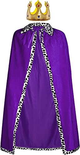 Königsmantel Königinsmantel Samtmantel Kostüm + Krone König Königin für Damen Herren Halloween Erwachsene Mottoparty Theater Fasching Cosplay Karneval Verkleiden Accessoires (49.2in/125cm, Purple) von jerbro