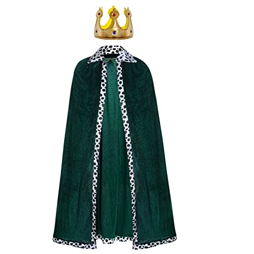 Königsmantel Königinsmantel Samtmantel Kostüm + Krone König Königin für Damen Herren Halloween Erwachsene Mottoparty Theater Fasching Cosplay Karneval Verkleiden Accessoires (Green, 49.2in/125cm) von jerbro