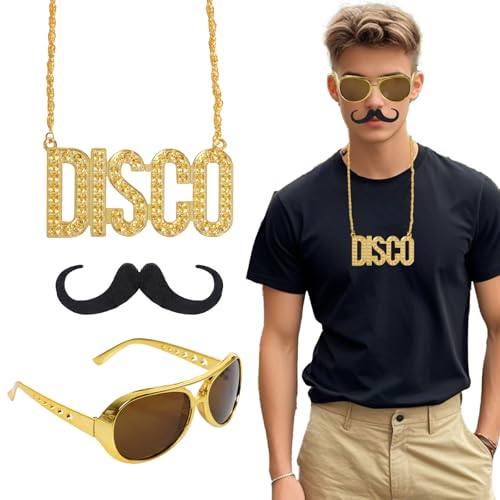 jerbro 3er Fette Gangster Kette Gold Brille Bart 70er 80er 90er Disco Hustler Rapper Hiphop Kostüm Bad Taste für Cosplay Halloween Fasching Karneval Thema Party von jerbro