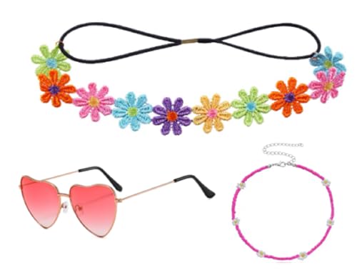 jerbro 3er Hippie Kostüm 60er 70er Disco Boho Haarband Stirnband Vintage Brille Halskette für Damen Halloween Cosplay Karneval Fasching Kostüm Bekleidung (Rosenrot) von jerbro