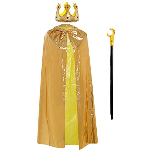 jerbro 3er Königsmantel Königinsmantel Kostüm + Krone König Königin + Königs-Zepter für Halloween Erwachsene Mottoparty Theater Fasching Cosplay Karneval Verkleiden (Gold, 120 cm/47 Zoll) von jerbro