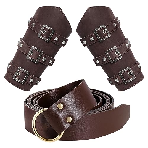 jerbro 3er Mittelalterliche Kostüm Set Kunstledergürtel + Leder Wikingertasche Armschienen Handgefertigte Retro Armschützer Armband Kostümzubehör für Halloween Cosplay Karneval (braun) von jerbro