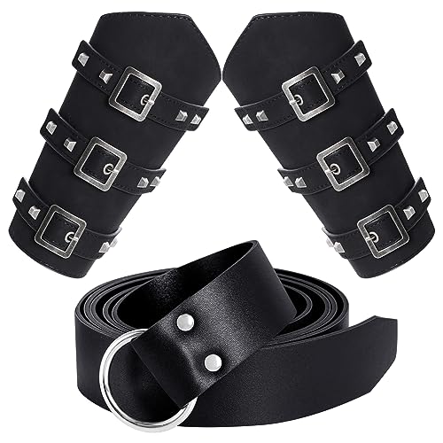 jerbro 3er Mittelalterliche Kostüm Set Kunstledergürtel + Leder Wikingertasche Armschienen Handgefertigte Retro Armschützer Armband Kostümzubehör für Halloween Cosplay Karneval (schwarz) von jerbro