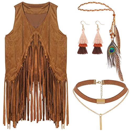 jerbro 4 Stück Hippie Kostüm Damen kleidung 60er 70er Disco Fransen Weste Bekleidung Mädchen Outfit FaschingsKostüm Halloween Cosplay Karneval Fransenweste (Brown, S) von jerbro