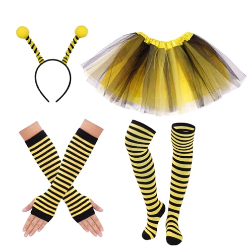 jerbro 4er Bienen Kostüm Damen, Bienenkostüm Erwachsene Antennen-Stirnband Haarreifen Gestreifter Handschuhe Socken Tütü Rock Faschingskostüme für Karneval Halloween Party von jerbro