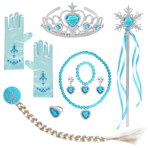 jerbro 8-teiliges Zubehör-Set zum Verkleiden von Prinzessin Krone Zauberstab Handschuhe Zopf Kostüm Cosplay Party mit Halskette und Armband aus Kristall (Blau) von jerbro