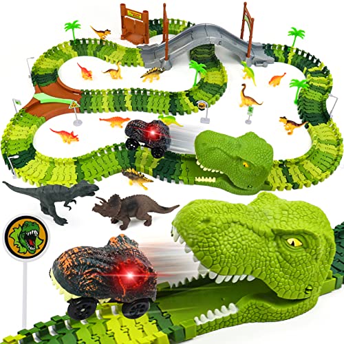 Dinosaurier Spielzeug ab 2 3 4 jahre, Autorennbahn Kinderspielzeug Dino Spielzeug 3 4 5 6 Jahre Mit 14 Dinosaurier Spielzeug & Dino Cars für Rennbahn Autobahn Kinder Geschenk 2 3 4 5 6 Jahre Junge von jerryvon