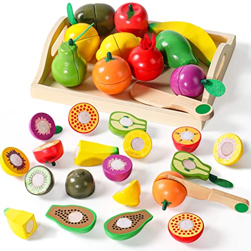 yoptote Kinderküche Spielküche Zubehör Holz Obst Gemüse Lebensmittel Holzspielzeug mit Klett Kaufladen Zubehör Küchenzubehör für Kinder Geschenk Spielzeug ab 2 Jahre Junge Mädchen von yoptote