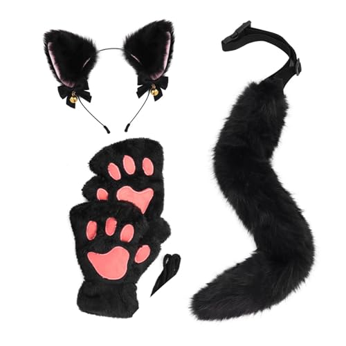 jiingekk 3-teiliges Halloween-Katzenkostüm-Set für Mädchen, Cosplay, Halloween, Katzen, Kostüm-Zubehör mit Stirnband, Schwanzhandschuhen von jiingekk