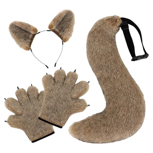 jiingekk 3-teiliges Katzen- und Wolf-Kostüm für Cosplay, Wolfsohren-Haarreif mit Schwanz und Handschuhen, Halloween-Tier-Kostüm-Zubehör-Set von jiingekk