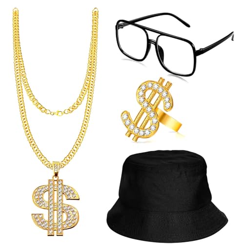 jiingekk 80er 90er Rapper Kostüm Set für Herren Damen 80er 90er Jahre Hip Hop Kostüm Zubehör Brille Halskette Eimer Hut Radio von jiingekk