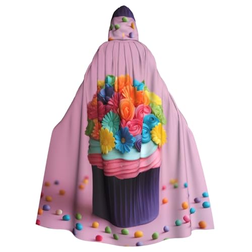 jingong Farbenfroher Cupcake-Umhang mit Regenbogen-Blumen-Motiv, eleganter Kapuzenumhang mit Kapuze, übergroßer Kapuzenumhang mit Fliege für Halloween, Kostümpartys, Rollenspiele von jingong