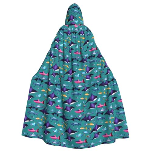 jingong Manta Ray and Fishes Print Elegant Hooded Cloak Oversized Hooded Cape with Bow Tie for Halloween Costume Party Role-Play von jingong