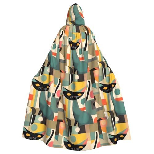 jingong Mid-Century Modern Art Cat Print Elegant Hooded Cloak, Oversized Hooded Cape with Bow Tie for Halloween, Costume Parties, Role-Play von jingong