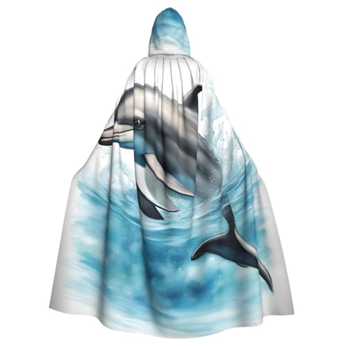 jingong Ocean Dolphin Looking at You Print Eleganter Kapuzenumhang Übergroßer Kapuzenumhang mit Fliege für Halloween Kostümpartys Rollenspiele von jingong