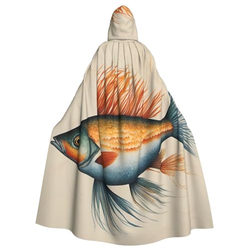 jingong Safflower Flying Fish Print Elegant Hooded Cloak Oversized Hooded Cape with Bow Tie for Halloween Costume Party Role-Play von jingong