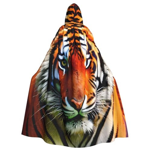 jingong Tiger Stripes Orange Pattern Print Elegant Hooded Cloak, Oversized Hooded Cape with Bow Tie for Halloween Costume Party Role-Play von jingong