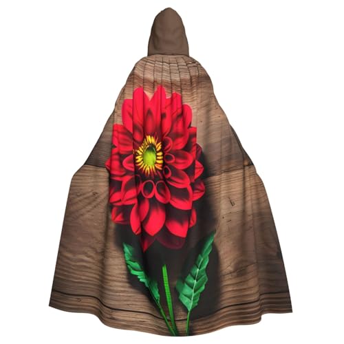 jingong Wooden Board Retro Flower Red Dahlia Print Elegant Hooded Cloak, Oversized Hooded Cape with Bow Tie for Halloween, Costume Parties, Role-Play von jingong