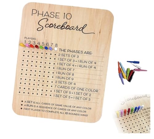 Phase 10-Punktetafel, hölzerne Phase-10-Punktekarte und Rundenzähler, Phase-10-Spielpunkttafel, Phase-10-Punkteblätter mit 8 farbigen Stiften, lustiges Tischbrett-Kartenspielzubehör für Party(1pcs) von jinzha