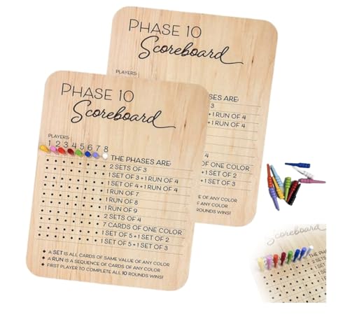 Phase 10-Punktetafel, hölzerne Phase-10-Punktekarte und Rundenzähler, Phase-10-Spielpunkttafel, Phase-10-Punkteblätter mit 8 farbigen Stiften, lustiges Tischbrett-Kartenspielzubehör für Party(2pcs) von jinzha