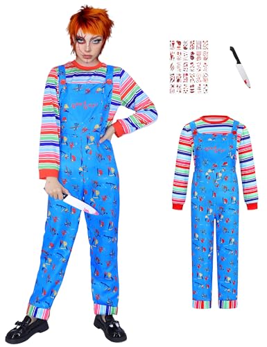 jiobabe Erwachsenenkostüm Alptraum-Killer-Puppe, für Damen und Mädchen, Halloween-Kostüme, blauer Cartoon-Overall, Cosplay, Overall, gestreiftes Hemd mit Messer-Requisite, Tattoo-Aufklebern, GR039M von jiobabe