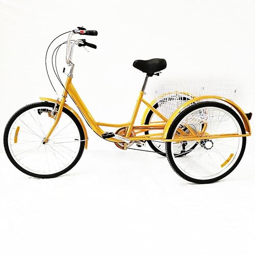 24 Zoll Dreirad für Erwachsene, 6 Gänge Erwachsene Dreiräder mit 3 Rädern für Erwachsene Männer Frauen und Senioren(Gelb) von jiumxliu