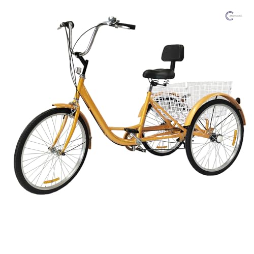 6 Gänge Dreirad für Erwachsene, 24 Zoll Erwachsene Dreiräder mit 3 Rädern Rückenlehne und Einkaufskorb für Erwachsene Männer Frauen und Senioren(Gelb) von jiumxliu