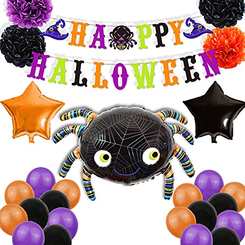 jiuzcare Halloween Luftballons Set Halloween Party Deko Happy Halloween Banner Orange Schwarz Ballons Spinnennetz Folienballons Innen Außen Deko Gruselig für Kinder Jungen Mädchen von jiuzcare