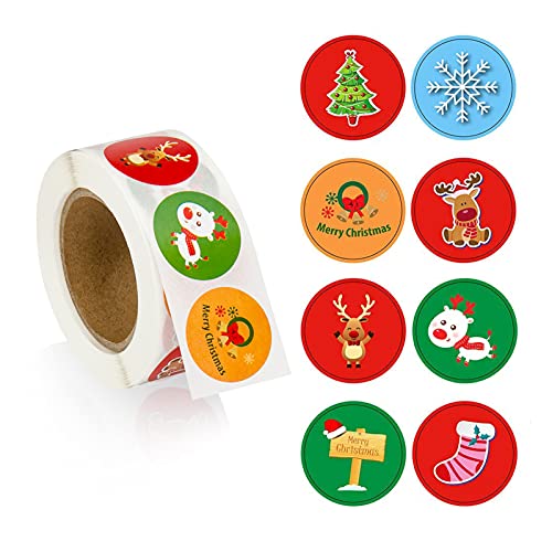 Selbstklebende Weihnachten Aufkleber, Weihnachtliche Aufkleber Rolle 500 Stück Weihnachtsaufkleber Geschenk Sticker Xmas Aufkleber Rund Geschenk Aufkleber Weihnachtsmann Schneemann Elch Aufkleber von jiuzcare