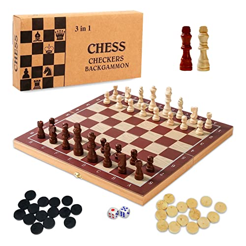 jiuzcare Schahschpiel 34x34 cm 3 in 1 Schachspiel International Schach Klappbares Tragbare Schachbrett aus Holz Handgefertigt Einklappbar Schachbrett Pädagogische für Kinder Erwachsene Familie Reisen von jiuzcare