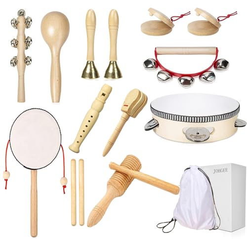 Johgee Musikinstrumente für Kinder, Kleinkind Holz Percussion Set, reines Holz Percussion Musikinstrument Spielzeug, Trommel Rasseleier Klanghölzer, Musik Rhythmus Instrumente Set für Kinder von johgee