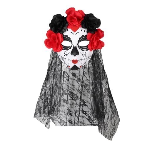 jojobasec Erwachsene Tag der Toten Maske Halloween Cosplay erade Party Blume Stirnband mit schwarzer Spitze Blumenschleier für Damen von jojobasec