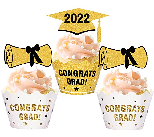 96 Stück 2022 Graduation Cupcake Topper Wrapper – Congrats Grade Party Supplies Kuchen Dekorationen (Gold & Weiß) von jollylife