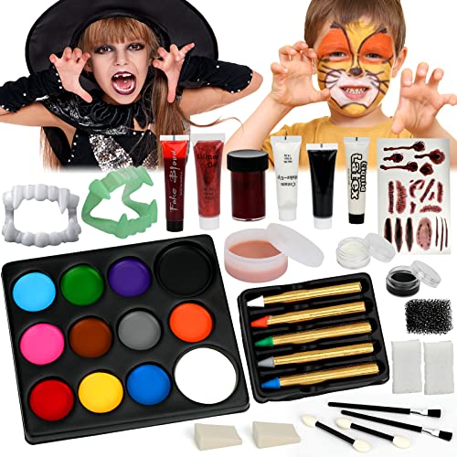 Halloween Kinderschminke Set, Face Paint Halloween Makeup Set für Kinder und Erwachsene, 38 Pcs Professionelle Gesichtsfarbe Kinder Schminke Geschenk für Fasching Halloween von jooful