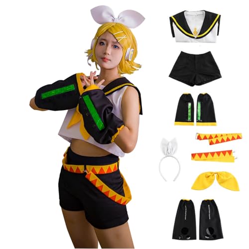 Vocaloid02 Rin Len Cosplay Kostüm Anime Sailor Uniform Halloween Outfit Komplettes Set (L, Rin) von jrswai