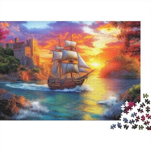 1000pcs (75x50cm) Puzzles,für Erwachsene Und Teenager Sea Boat, Turbulent Wellen,Wolken, Goldener Sonnenuntergang, Küstenarchitektur von kaiyun