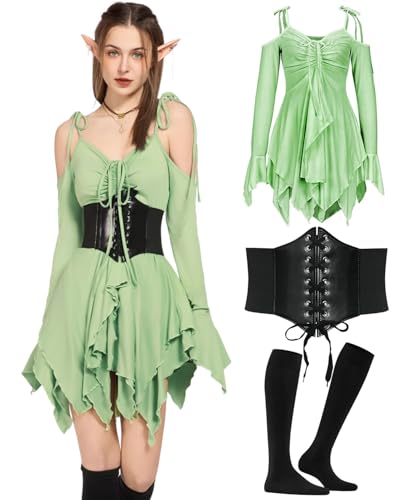 kasahara 3pcs Gothic Kleidung Damen Mittelalter Fairy Off-Shoulder Kleid Retro Witch Renaissance Bekleidung mit Korsett, Lange Socken, Viktorianisch Feen Karneval Faschingskostüm (Green, XL) von kasahara