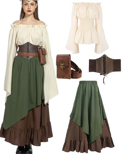 kasahara 5pcs Mittelalter Kleidung Damen Set, Retro Off Shoulder Top Kleid Renaissance Kostüm Victorian Bekleidung Maxi Dressm mit Corsett, Gürteltasche, Gürtel, Karneval Faschingskostüm (Green, L) von kasahara