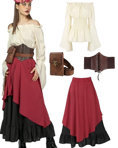 kasahara 5pcs Mittelalter Kleidung Damen Set, Retro Off Shoulder Top Kleid Renaissance Kostüm Victorian Bekleidung Maxi Dressm mit Corsett, Gürteltasche, Gürtel, Karneval Faschingskostüm (Red, 2XL) von kasahara