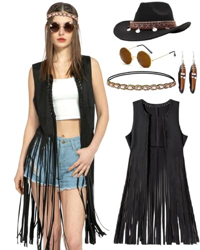 kasahara 7pcs Hippie Kostüm Damen Set Hippie Weste Cowgirl Hut 60er 70er Jahre Bekleidung Cowboy Outfit Halloween Mottoparty Karneval Faschingskostüme (Black, L) von kasahara