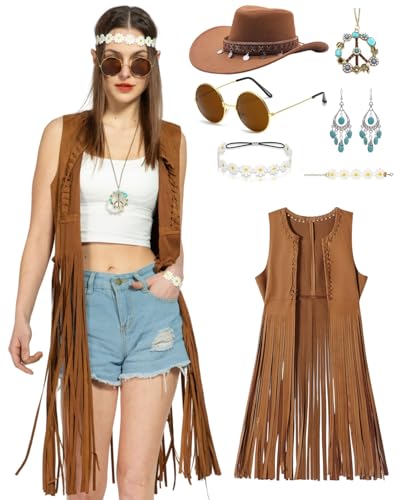 kasahara 7pcs Hippie Kostüm Damen Set Hippie Weste Cowgirl Hut 60er 70er Jahre Bekleidung Cowboy Outfit Halloween Mottoparty Karneval Faschingskostüme (Brown, M) von kasahara