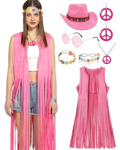 kasahara 7pcs Hippie Kostüm Damen Set Hippie Weste Cowgirl Hut 60er 70er Jahre Bekleidung Cowboy Outfit Halloween Mottoparty Karneval Faschingskostüme (Pink, 2XL) von kasahara