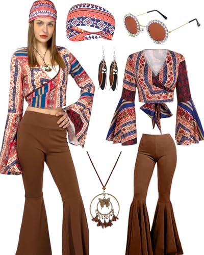 kasahara Hippie Kostüm Damen Full Set 60er 70er Jahre Hippie Bekleidung Disco Outfit mit Oberteile Schlaghose Halloween Mottoparty Karneval Faschingskostüme (Brown, L) von kasahara